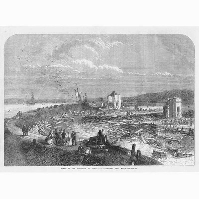 LONDON Szene nach Explosion von Schießpulverzeitschriften bei Erith Antikdruck 1864