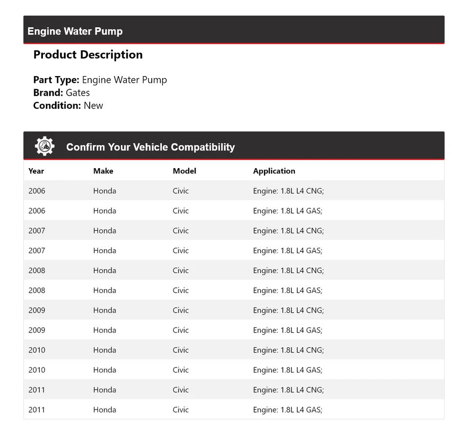 Puertas de bomba de agua para motor Honda Civic 2006-2011 2007 2008 2009 2010 Foto 2 de 4