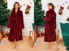 LADIES DRESSING GOWN SOFT AND COSY HOODED LONG BATHROBE WARM FLEECE ROBE