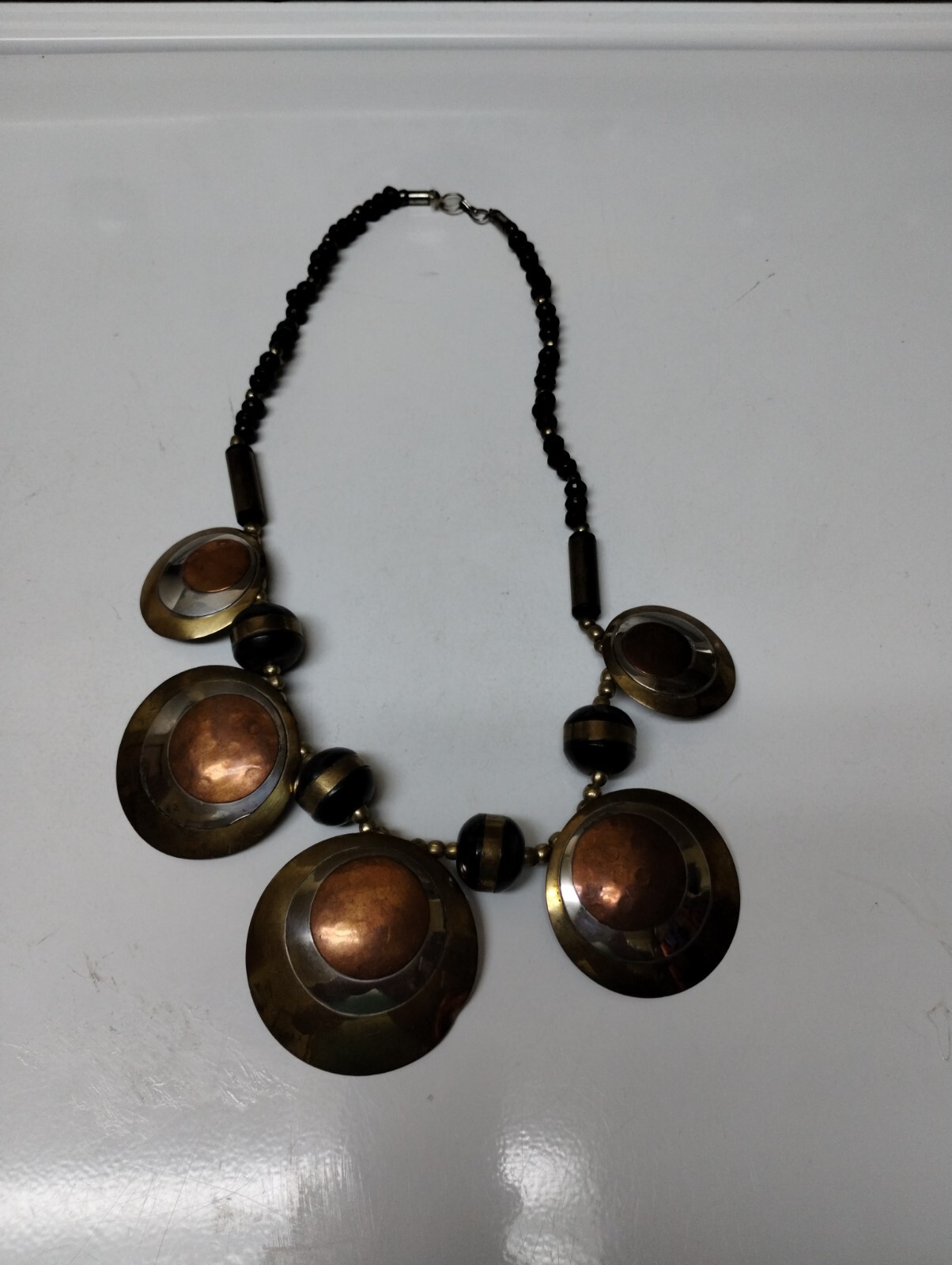 Brass & Copper Circle Statement Necklace Woven Bo… - image 2