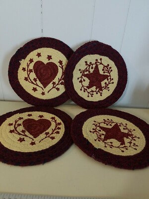 4 Primative Cotton Placemat Mat Trivet Cotton Cream Red Heart Star 9.25