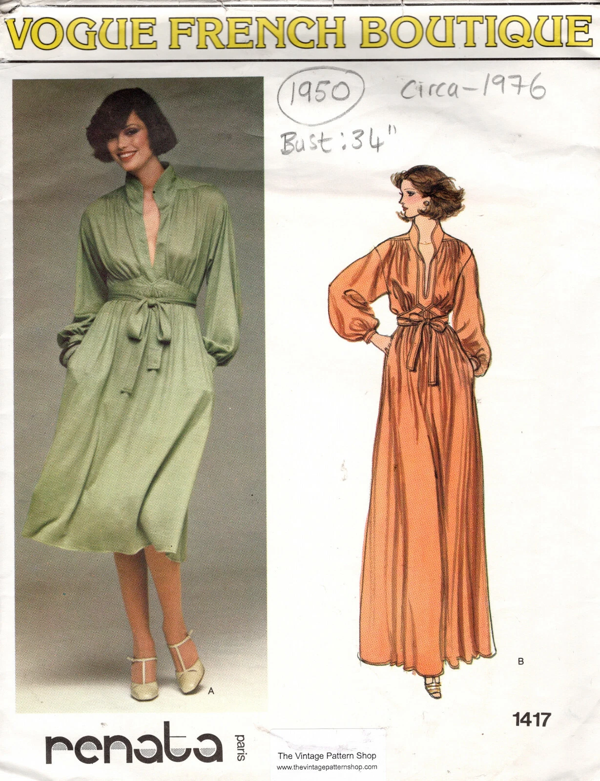 1976 Vintage VOGUE Sewing Pattern DRESS B34" (1950) By Renata
