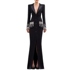 Womens Beaded Rhinestones Long Sleeve Single Breasted Fishtail Dress Suit Collar