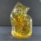 Signed Blenko Glass Cat Figurine/Paperweight Citrine Yellow Bubbles Vintage