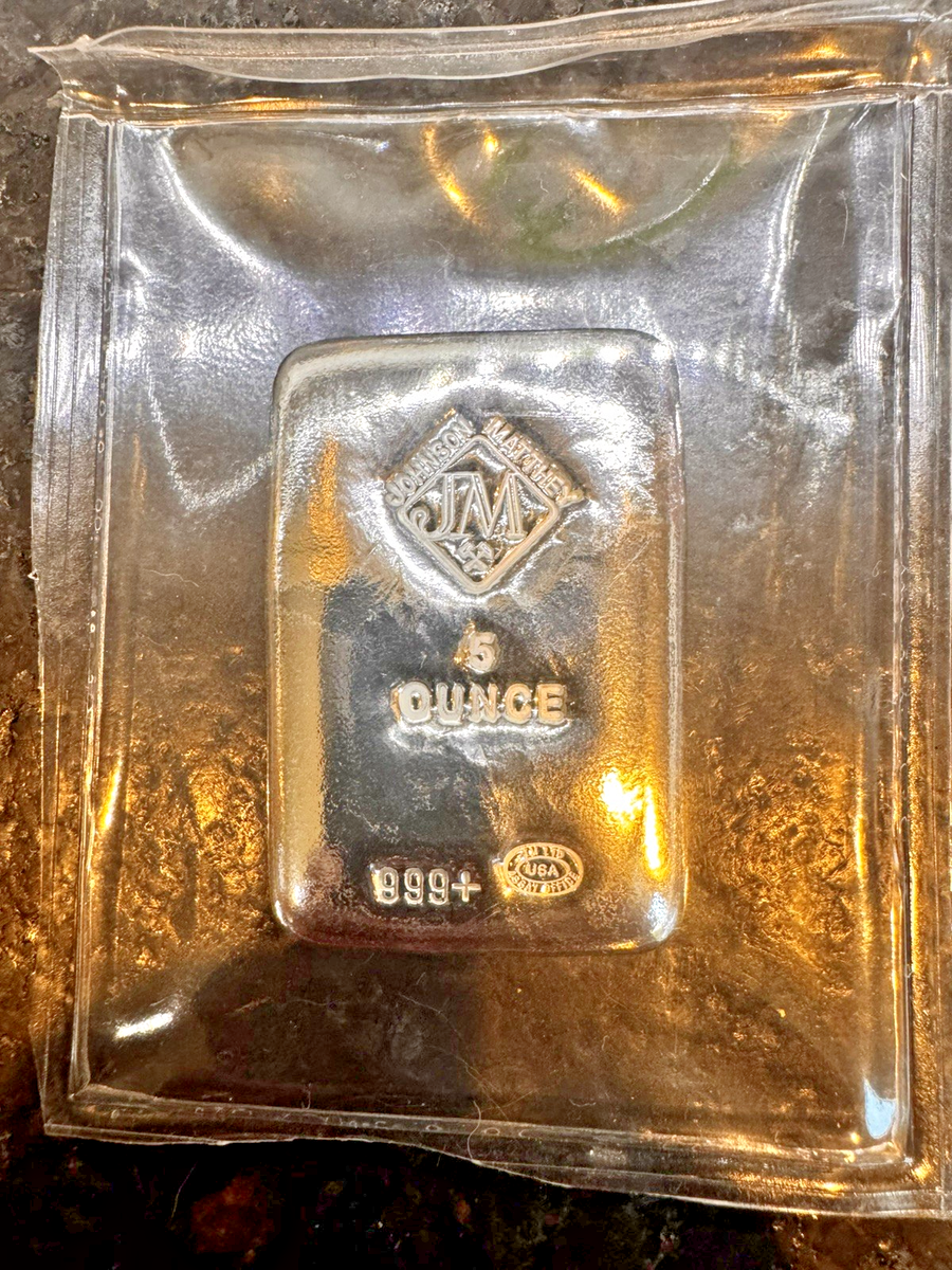 Johnson Matthey 5 Oz Silver Bar .999+ Fine Vintage JM Cast Poured