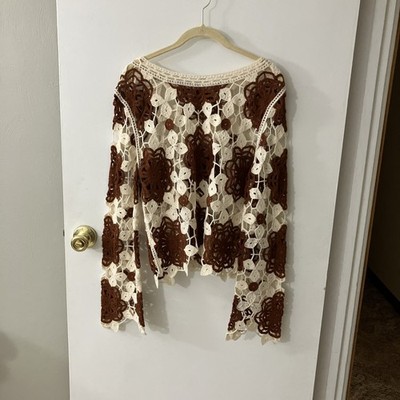 Cloth By Design Y2K Crochet Hollow Out Cropped Sweater Brown Cream Floral Large