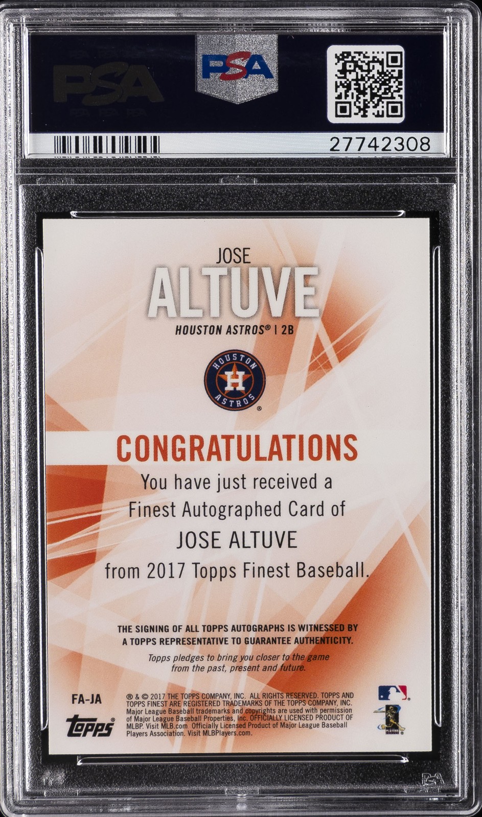 2017 FINEST AUTO BLUE WAVE REFRACTOR #FA-JA JOSE ALTUVE #/25 PSA 10 AUTO view 2