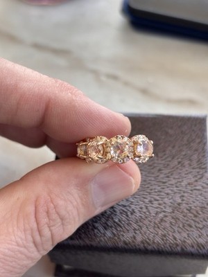 Round Cut Peach Morganite Halo Women's Half Eternity Band, 14K Rose Gold Plat