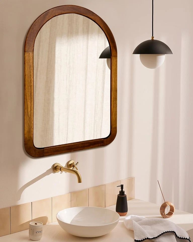 Arched Mirror 24 X 36 Inch,Brown Wood Rustic Bathroom Tempered Wall Mirror with  - Image 4 of 4