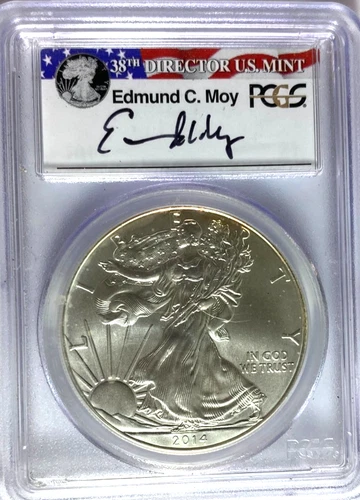 2014 $1 American Silver Eagle 1oz Fine PCGS MS70 Edmund C Moy