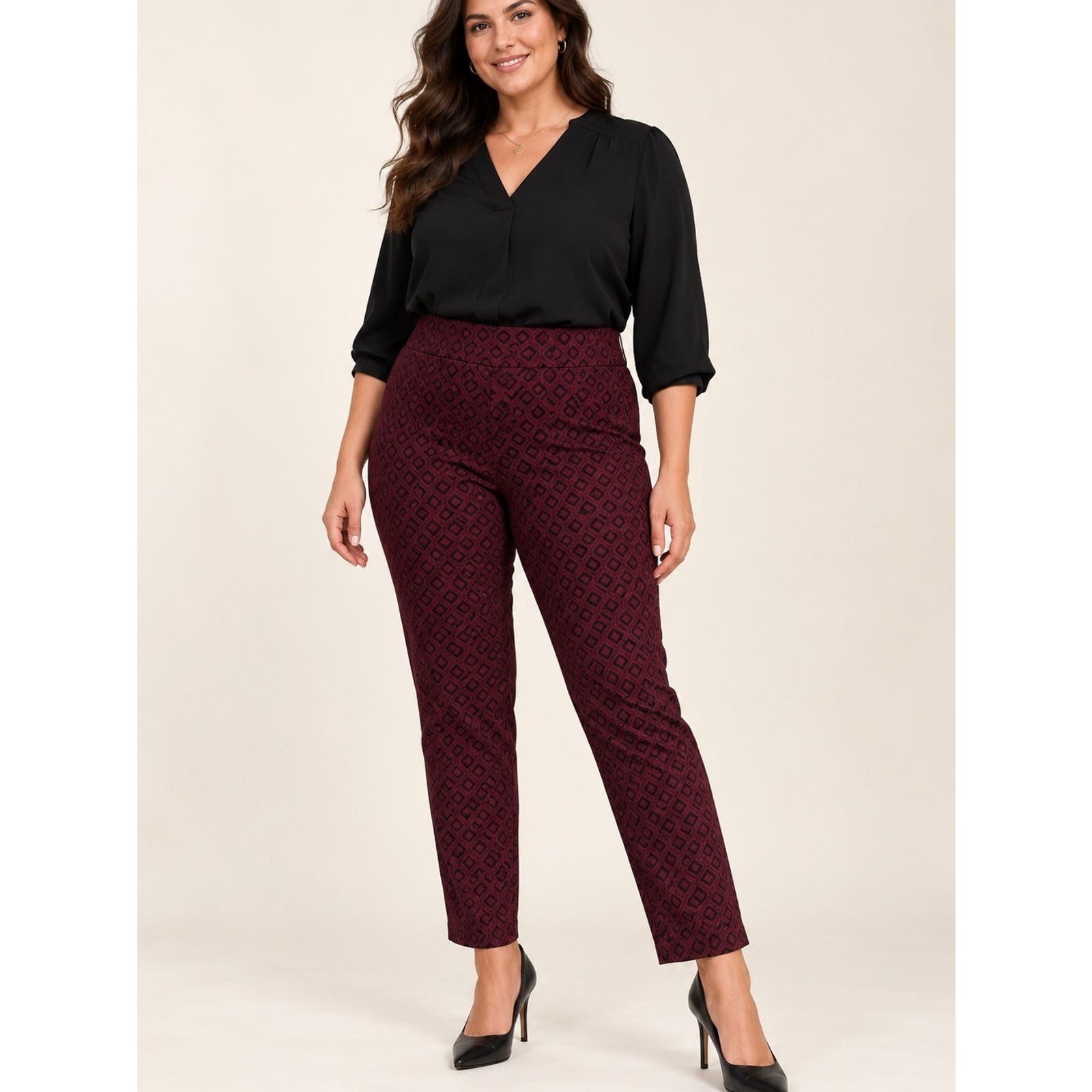 NWT Dressbarn Roz & Ali Burgundy Black Diamond-Print Slim Straight Leg Pants