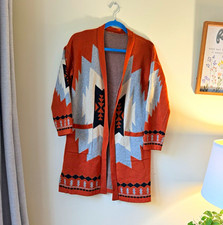 Southwestern Geometric Jacquard Knit Open Front Pocket Cardigan Sweater M