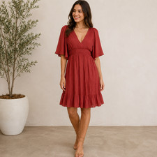 Halston Heritage Red Flowy Mini Dress Currant Cape Sleeve Deep V-Neck Size 6