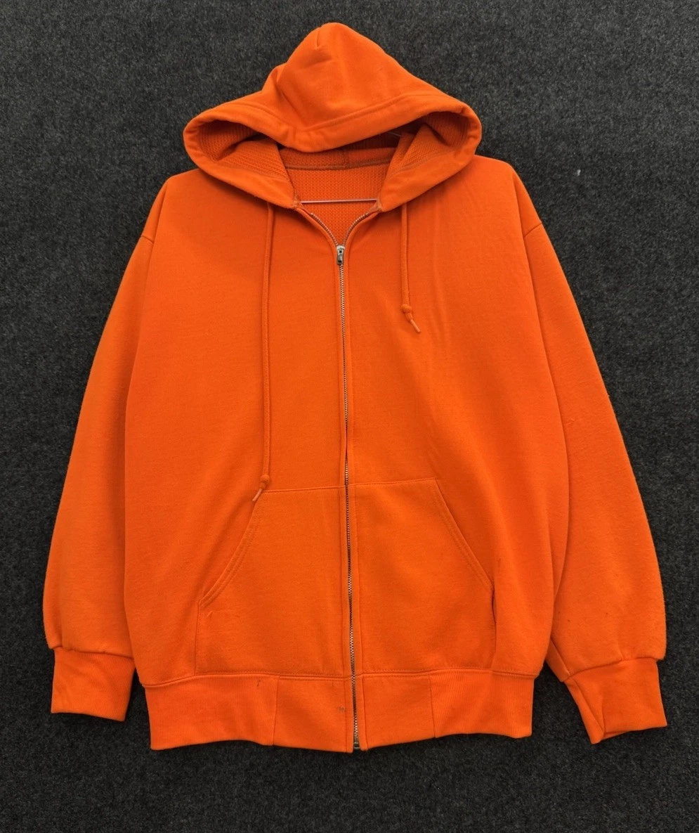 80s Thermal Lined Zip Up Hoodie Men's Large Blaze Orange Lightweight Polyester