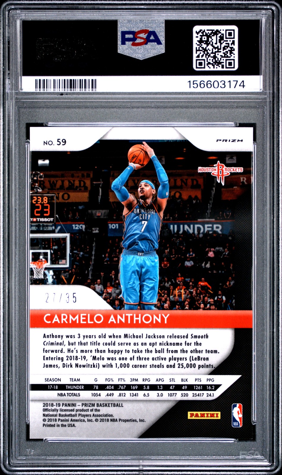 2018 PANINI PRIZM PURPLE PULSAR #59 CARMELO ANTHONY 27/35 PSA 10 view 2