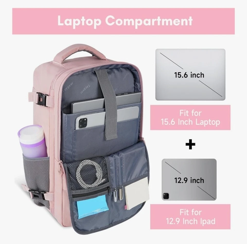 Mochila de Viaje para Mujer, Portátil de 15.6", Puerto USB, Bolsa para Zapatos, Aprobada por la TSA, Rosa Foto 4 de 4