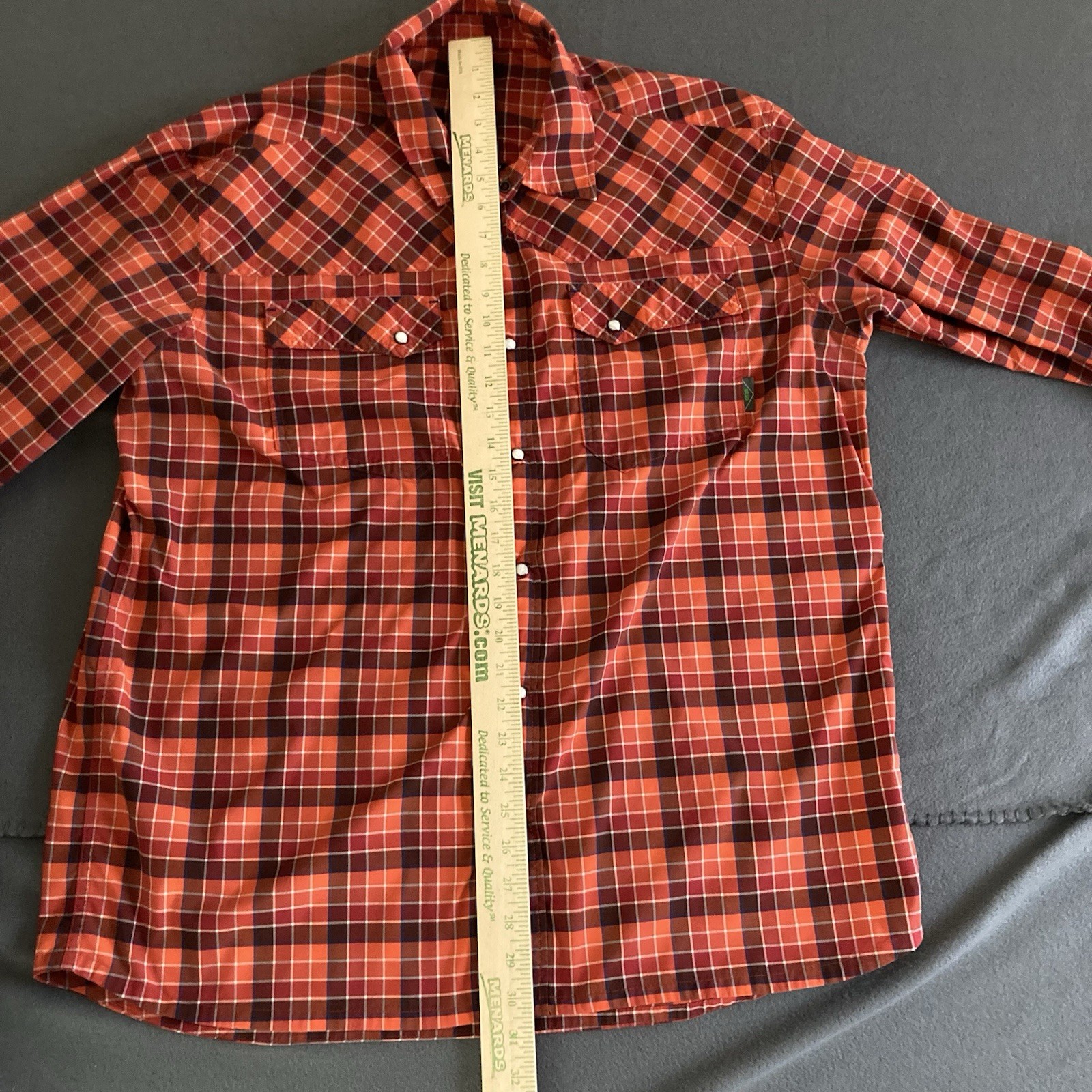 Stio Shirt Mens XL Orange/Red Plaid Eddy Pearl Snap Flap Pockets Hiking Long Slv