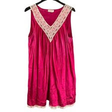 Vanity Fair Vintage Pink Satin Feel V-Neck Floral Embroidery Nightgown Large USA