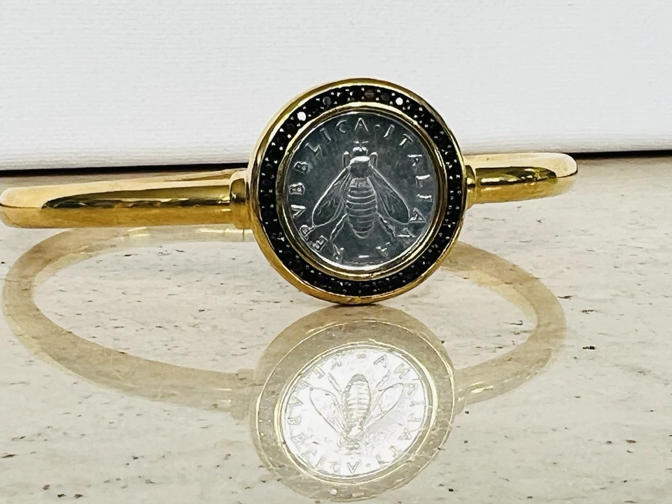 Brazalete Brazalete Bellezza Italia Amarillo Bronce Abeja 2 Liras Moneda Ónix Negro Foto 4 de 4