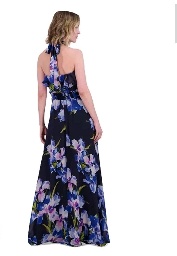 Eliza J Floral Halter Maxi Dress Size 8 – Navy Blue Multicolor Print, Lined, Tie - Image 2 of 4