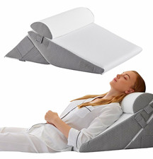 Premium Memory Foam Bed Wedge Pillow w/ Detachable Neck Bolster, White/Gray
