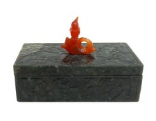 Chinese Spinach Green Neprite Jade and Carnelian Parrot Rectangular Box