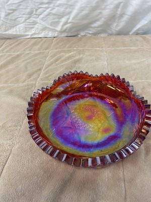 L.E. Smith Carnival Glass Shallow Bowl Ruby Comet In The Stars Iridescent 8 