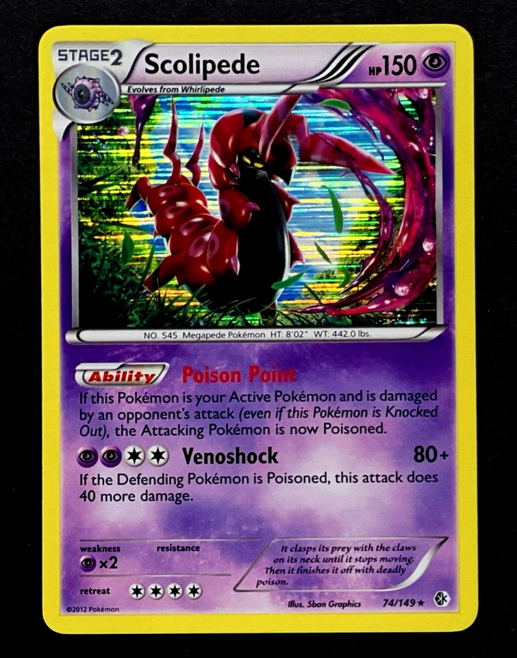 2012 Pokemon SCOLIPEDE Boundaries Crossed HOLO RARE Bleed Error B&W Card 74/149 - Image 4 of 4