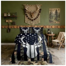 Boys Full Comforter Set - Rustic Camo Deer Design with American Flag Accents