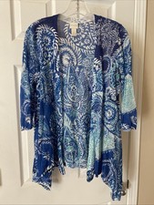 Chicos Women Pretty Blue Design Gorgeous Open Front Jacket Cardigan Sz 1