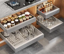 4Pack Expandable Pull Out Cabinet Organizer 21" Deep with Raising Pad for Fra...