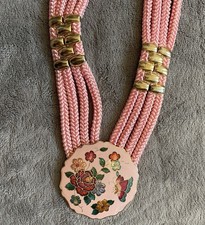 Vintage YEN Stretch Pink Silk Rope BELT with FLORAL Gold CLOISONNE Enamel Buckle