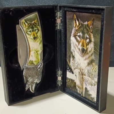  Vintage Wolf Head Folding Pocketknife Stainless Steel Display Case