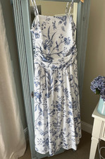 Loft Midi Dress bird toile print in blue white SZ 2  NWOT so romantic!