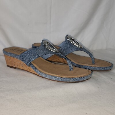 Impo Denim Thong Wedge Sandals Silver Accent Memory Foam 8.5