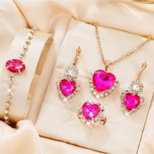 Pink Heart Crystal Jewelry Set - Necklace Earrings Bracelet  Ring Gold-Tone