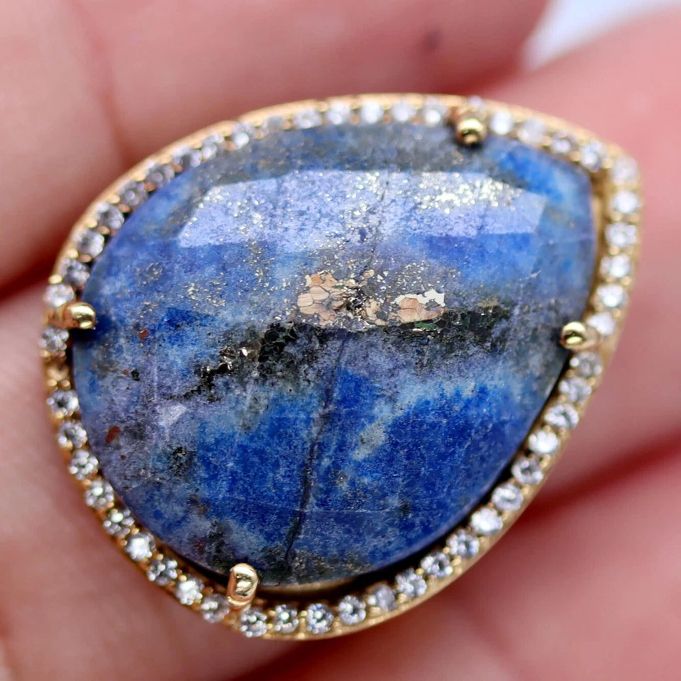 Gemstone 17 x 22 MM. Blue Lapis Lazuli & Cubic Zirconia Jewelry Ring 925 Silver - Image 2 of 4