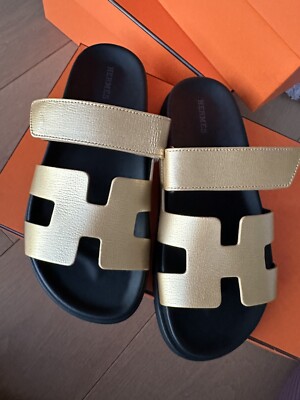 NIB HERMES Chypre Dore Gold Sandals 37 Woman Ladies Leather Slides