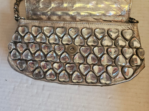 Betsey Johnson Silver Rhinestones Crystal Heart Stones Purse with Chain Strap - Picture 7 of 12