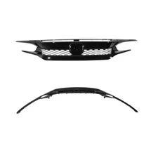 Type-R Style Glossy Black Mesh Grille+2 Pieces Eyebrows Fit 16-18 Honda Civic