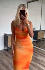 New ZARA SS24 STRAPPY PRINTED DRAPED TULLE MIDI DRESS ORANGE built in bra XS M L