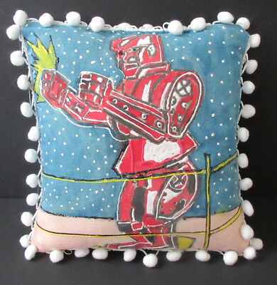 Hand Painted Pop Art Pillow Rock em Sock em Robots with Pop-Pop Fringe Campy Fun