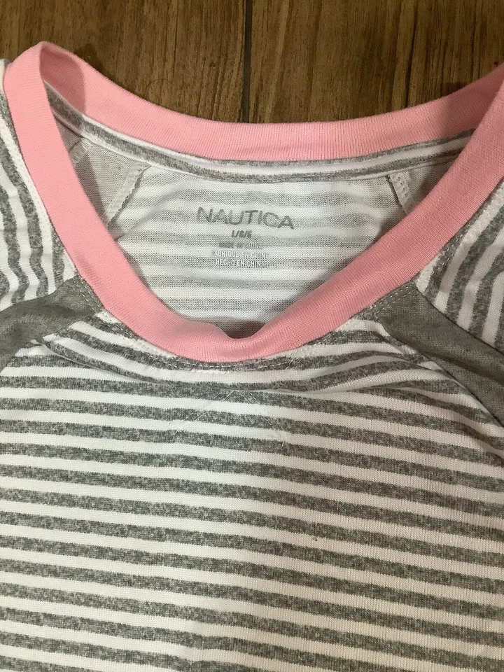 Nautica 睡衣衬衫女式大码短袖白色灰色条纹 — 第 4/4 张图片