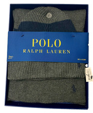 New Polo Hat  Scarf Set Polo RL Ralph Lauren Gray w/Navy PONY ONE SIZE in Box