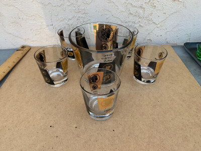 Vintage Whiskey Set,1 Ice Bucket,5 Rocks Glass, Black Pattern with Gold Coins