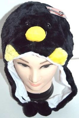 7X ACCESSORIES NEU Erwachsene Kinder Pinguin Kunstfell Tier Mütze Winter Weihnachten Einheitsgröße schwarz UK