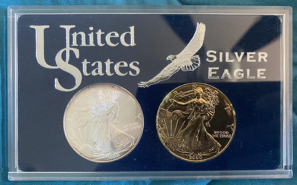 2000 Millennium Silver Eagle 24k Gold Plated 99.9% & Reg. Silver Eagle - Image 2 of 3