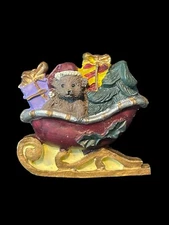 Vintage Christmas Teddy Bear in Santa Claus's Sleigh Holiday Brooch Pin