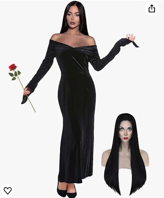 Soft, black velvety Morticia Addams dress halloween costume Women's XL Wig  rose