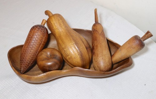 handgeschnitzt antik Holz Obst Gemüse Herzstück Schale Skulptur Volkskunst